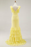 Vestido de Baile Amarelo Comprido Sereia com Decote em V Babados