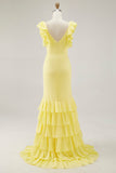Sereia Amarela V-Neck Tiered Vestido Formal Longo com Folhos Fenda