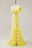 Sereia Amarela V-Neck Tiered Vestido Formal Longo com Folhos Fenda