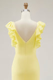 Sereia Amarela V-Neck Tiered Vestido Formal Longo com Folhos Fenda