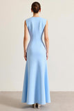 Céu Azul Bainha Sem Mangas Longo Cetim Vestidos Cerimónia com Fenda