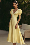 Cetim amarelo uma linha V-neck vestido formal com mangas puff