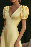 Cetim amarelo uma linha V-neck vestido formal com mangas puff