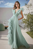 Verde claro Uma linha Chiffon V-neck babado vestido formal longo