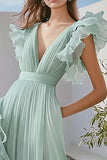 Verde claro Uma linha Chiffon V-neck babado vestido formal longo