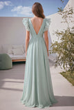 Vestido de Baile Comprido Verde Claro Linha A com Decote em V e Folhos