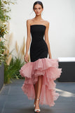 Preto Rosa Strapless babado Sereia High-Low Formal Dress