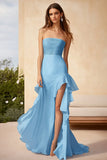 Sky Blue Strapless Chiffon vestido formal babado com fenda