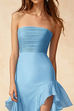Sky Blue Strapless Chiffon vestido formal babado com fenda