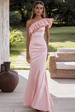 Rosa Um Ombro Cetim Sereia Vestido Formal Longo