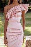 Rosa Um Ombro Cetim Sereia Vestido Formal Longo