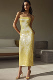 Sparkly amarelo sem alças bainha lantejoulas longo vestido formal