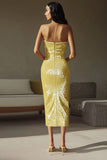 Sparkly amarelo sem alças bainha lantejoulas longo vestido formal