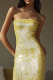 Sparkly amarelo sem alças bainha lantejoulas longo vestido formal