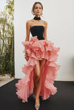 Preto Rosa Strapless High-Low Long Formal Dress com Folhos