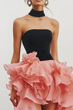 Preto Rosa Strapless High-Low Long Formal Dress com Folhos