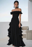 Preto A Line Chiffon babado vestido formal longo