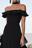 Vestidos Cerimónia Preto Linha-A Chiffon Babado Longo Fora do Ombro