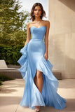 Sky Blue Sweetheart babado longo vestido formal com fenda