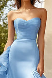 Sky Blue Sweetheart babado longo vestido formal com fenda