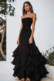 Preto Linha-A Direto Plissado Chiffon Longos Vestido Cerimónia