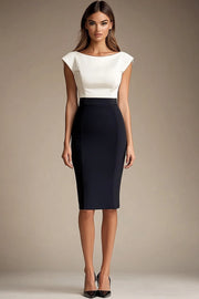 Preto Branco Bodycon Pescoço de Barco Midi Vestidos Cerimónia