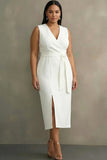 Vestido de Trabalho Midi Simples de Cetim Branca com Decote em V e Linha A Justo