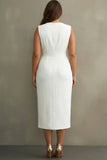 Vestido de Trabalho Midi Simples de Cetim Branca com Decote em V e Linha A Justo