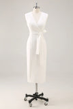 Vestido de Trabalho Midi Simples de Cetim Branca com Decote em V e Linha A Justo