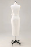 Vestido de Trabalho Midi Simples de Cetim Branca com Decote em V e Linha A Justo