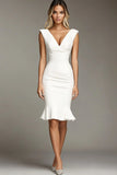 Branco Decote em V Bodycon Midi Vestidos Cerimónia