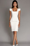 Branco Pescoço Quadrado Bodycon Midi Vestidos Cerimónia