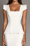 Branco Pescoço Quadrado Bodycon Midi Vestidos Cerimónia
