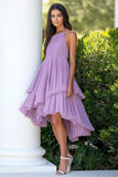 Vestido De Baile Lilás Midi Chiffon Babado Linha-A