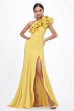 Vestidos Para Casamento Convidada com Fenda  Longo Amarelo Um Ombro Babado