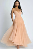 Vestidos Cerimónia Pêssego Alças Finas Tule Longo Linha-A