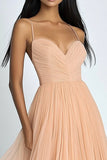 Vestidos Cerimónia Pêssego Alças Finas Tule Longo Linha-A