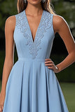 Vestidos Cerimónia Decote em V Azul Céu Midi Linha-A Cetim