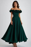Vestidos Cerimónia Verde Escuro Fora do Ombro Longo Cetim Babados