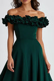 Vestidos Cerimónia Verde Escuro Fora do Ombro Longo Cetim Babados