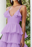 Vestido De Baile Lilás Linha-A Midi Alças Finas Chiffon Babados