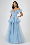 Vestido De Baile Azul Céu Longo Fora do Ombro Tule Linha-A