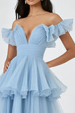 Vestido De Baile Azul Céu Longo Fora do Ombro Tule Linha-A