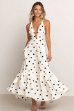 Vestido Verão Decote em V Ponto Preto Branco Longo Linha-A Cetim