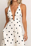 Vestido Verão Decote em V Ponto Preto Branco Longo Linha-A Cetim
