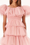 Rosa De Baile/Princesa Tule Plissado Longos Vestido De Baile