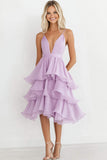 Lilás Decote em V Chiffon Linha-A Midi Vestido De Baile