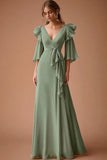 Decote em V Sábio Empoeirado Chiffon Linha-A Longos Vestido Cerimónia
