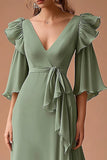Decote em V Sábio Empoeirado Chiffon Linha-A Longos Vestido Cerimónia