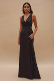 Preto Decote em V Bainha Cetim Longos Vestidos Cerimónia